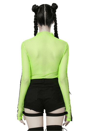 Gothic-Styled Long Sleeve Openwork Top in Vibrant Neon Green